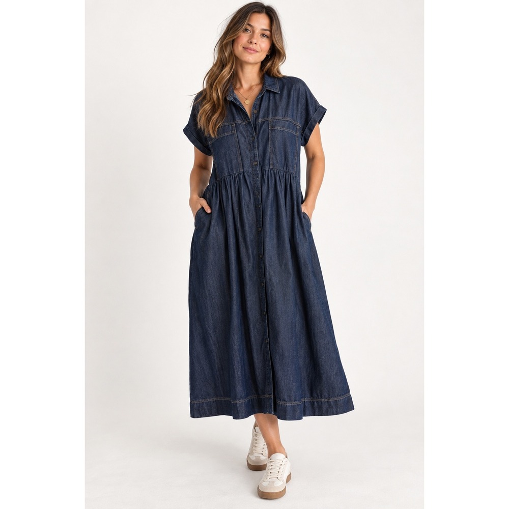 MAYE Harper Denim Maxi Shirt Dress Dark Wash Button Front Cuffed Sleeve XL